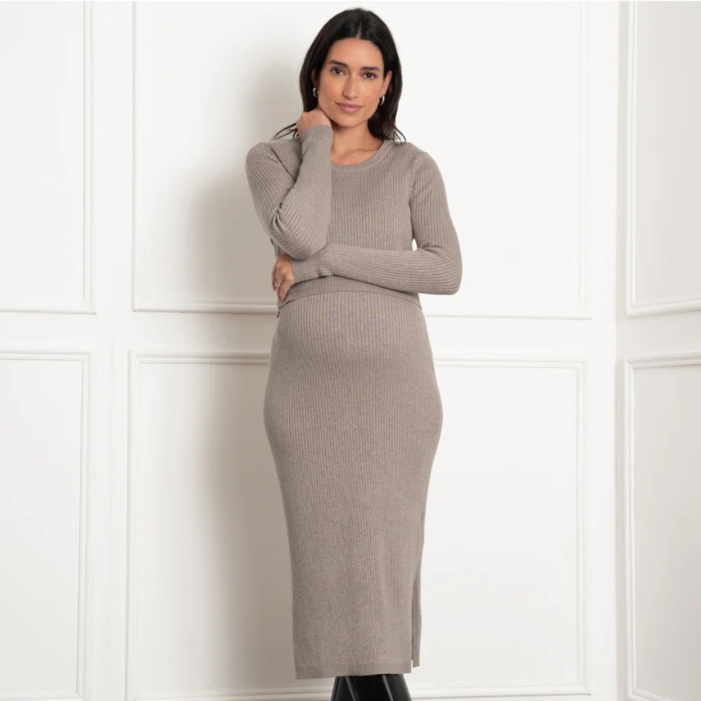 Seraphine Taupe Ribbed Knit Midi Maternity Dress